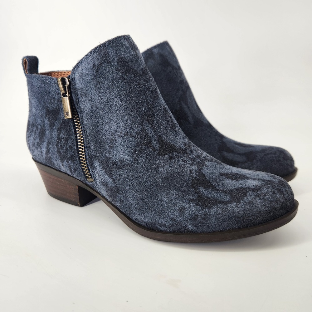 Lucky Brand Basel Navy Blue Distressed Suede Print Ankle Booties Womens 7M 37.5